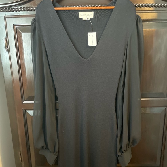 NWT Sachin & Babi Black And White Knit Dress Sheet Bishop Sleeve Small Silk - Picture 5 of 9